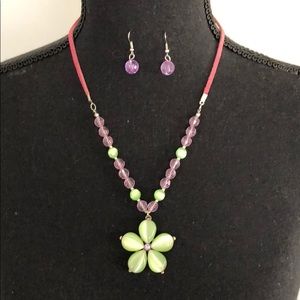 Purple and green suede and beaded flower necklace